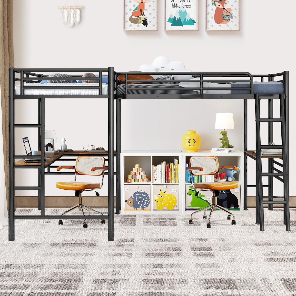 INCLAKE L-Shaped Twin Loft Bed with Dual Desks, Heavy-Duty Metal Frame, Safety Guard Rails, Black INCLAKE