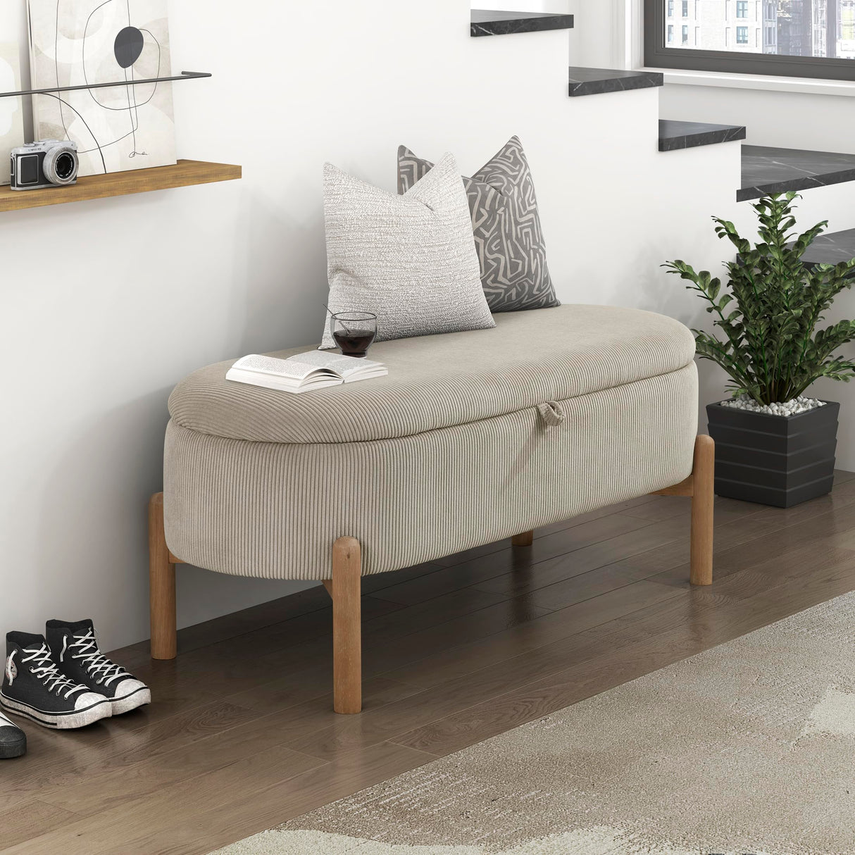 Lexicon Lift Top Storage Bench, Corduroy Upholstered Oval Entryway Bench with Solid Wood Leg Support, Modern Striped Storage Chest for Entryway/Living Room/Bedroom, Taupe Lexicon