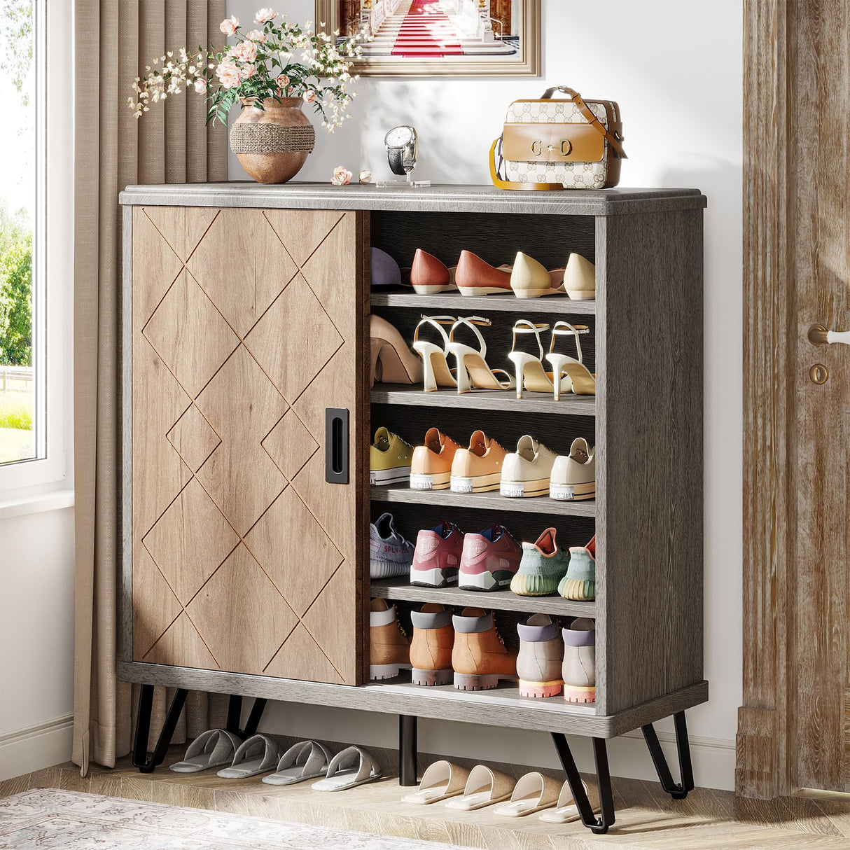 Tribesigns Shoe Cabinet with Sliding Doors, 5-Tier Wood Shoe Organizer Cabinet with Adjustable Shelves, Modern Shoe Rack Shoe Storage Cabinet for Entryway, Hallway, Living Room, Grey+Brown Tribesigns
