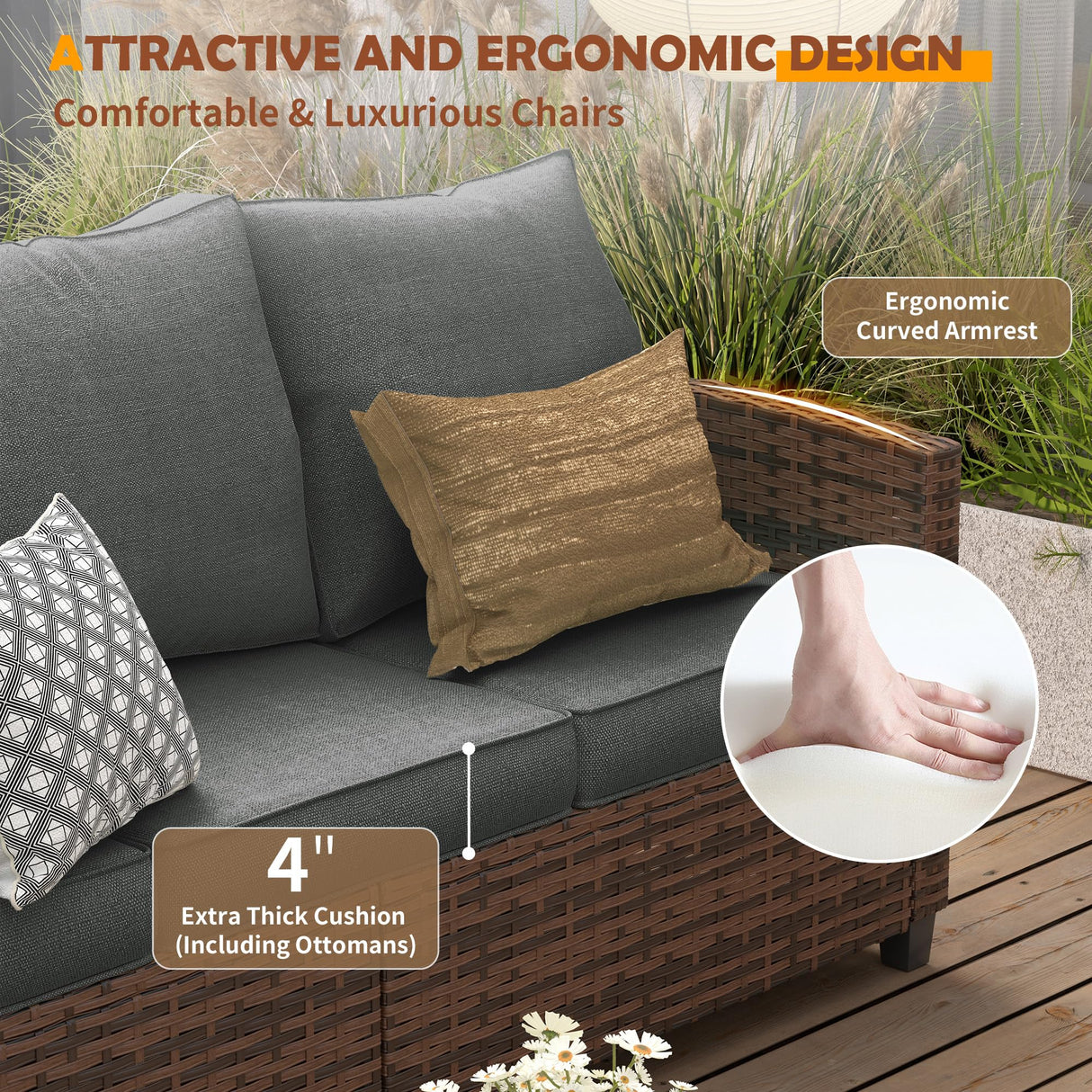 UDPATIO Outdoor Patio Furniture Set with 44" Fire Pit Table, 6 Pieces Sectional Conversation Sets, All-Weather Wicker Rattan Sofa Ottoman with 4" Thick Cushion for Garden Backyard Deck, Dark Grey UDPATIO