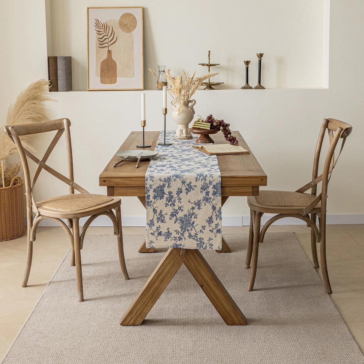 Pastoral Table Runner - 14 x 72 Inch Rectangle - Beige Linen - Washable Tabletop with Dust-Proof Wrinkle Resistant for Restaurant, Picnic, Indoor and Outdoor Dining, Floral (Dark Blue) YiHomer