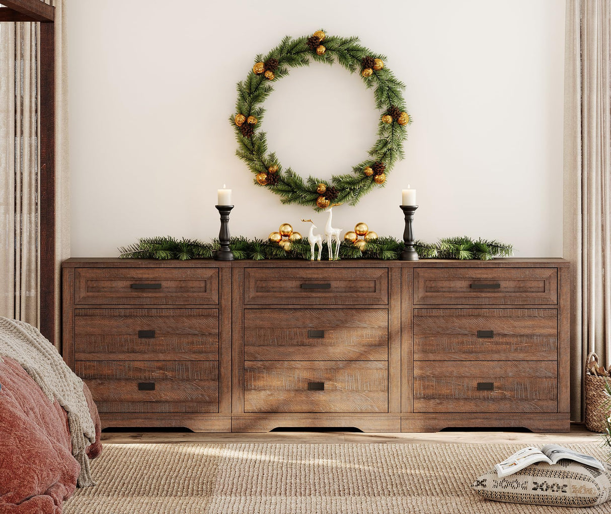 WAMPAT Farmhouse 9 Drawers Dresser for Bedroom,94 inch 3 in 1 Dresser with Small Chest of Drawers,Mid Century Modern Wooden Closet Storage Organizer for Living Room, Hallway, Rustic Brown WAMPAT