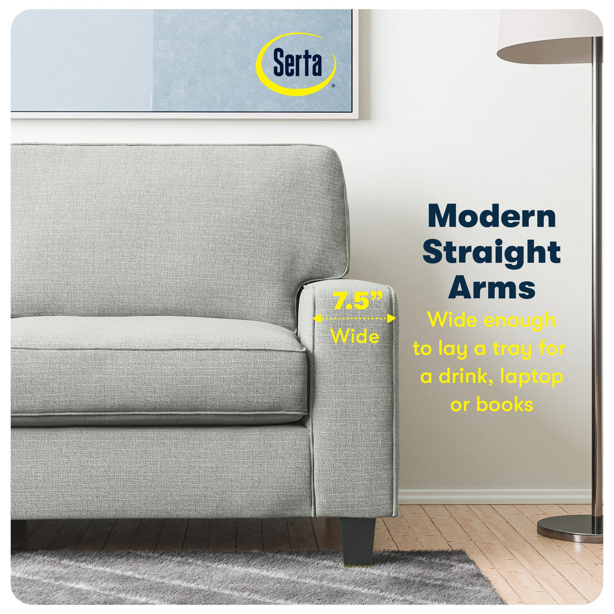 Serta Palisades 78" Track Arm Sofa, Easy Care Polyester, Soft Pillow Back, Pocket Coil Seat Cushions, Removable Covers, Loveseat or Couch for Small Spaces, Living Rooms or Bedrooms, Pebble Gray Serta