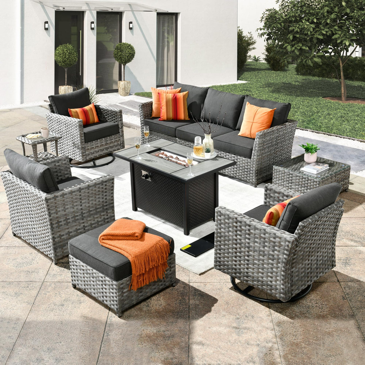 ovios 10 Piece Patio Furniture Set with Fire Pit Table,Outdoor Rattan Wicker Coversation Set with Swivel Rocking Chairs, Sectional Chairs for Outside Porch Balcony Backyard Pool,Black ovios