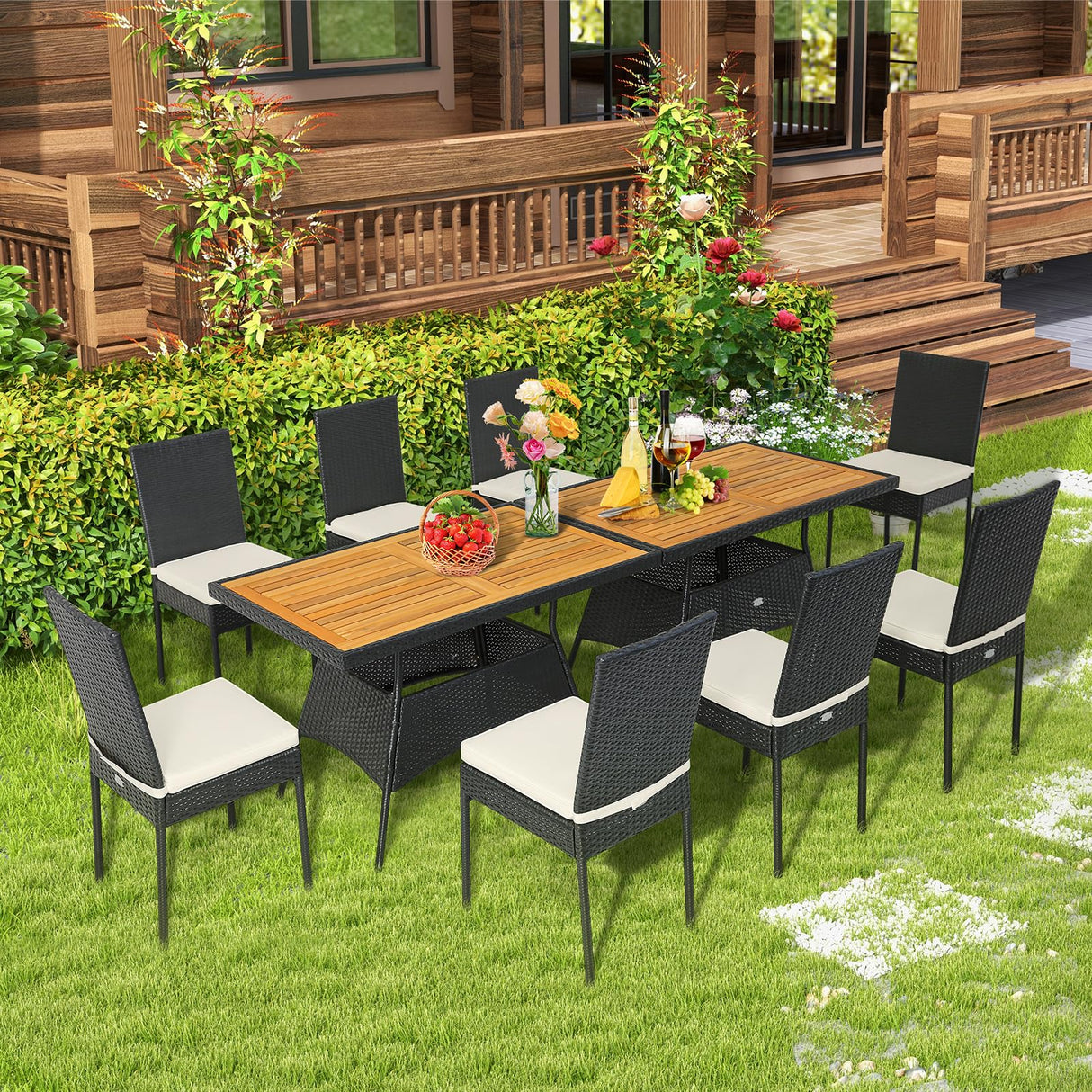 Tangkula 10 Piece Wicker Patio Dining Set, Outdoor Rattan Table & Chairs Set with Padded Cushions, Patio Furniture Dining Acacia Wood Table Set for Balcony Patio Garden Poolside Tangkula