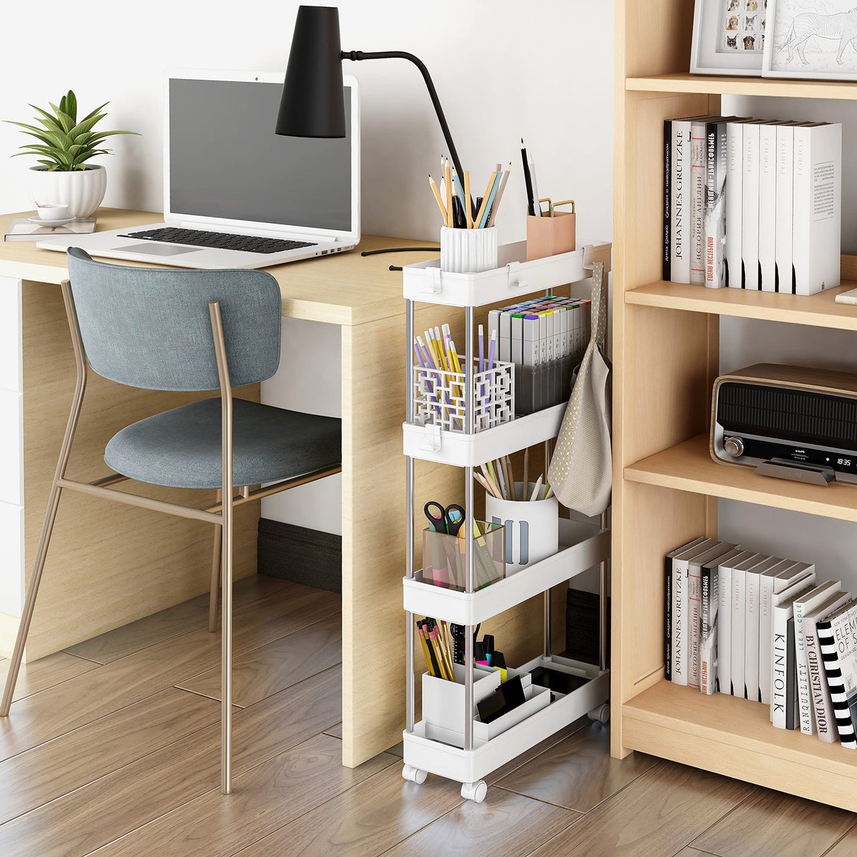 MELDEVO 4 Tier Slim Storage Cart Mobile Shelving Unit Organizer Slide Out Storage Rolling Utility Cart Tower Rack for Kitchen Bathroom Laundry Narrow Places, Plastic & Stainless Steel, White MELDEVO