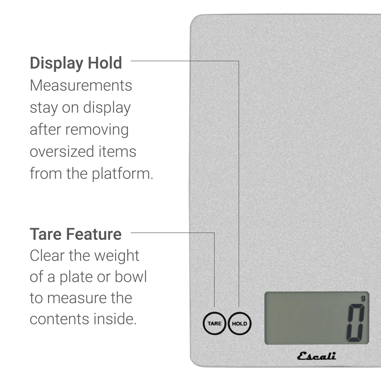 Escali Arti Glass Food Scale Digital Countertop Kitchen, Baking and Cooking Scale with Nutrition and Calorie Counter, 15-Pound Capacity, 9" x 6.5" x .75", Shiny Silver Escali