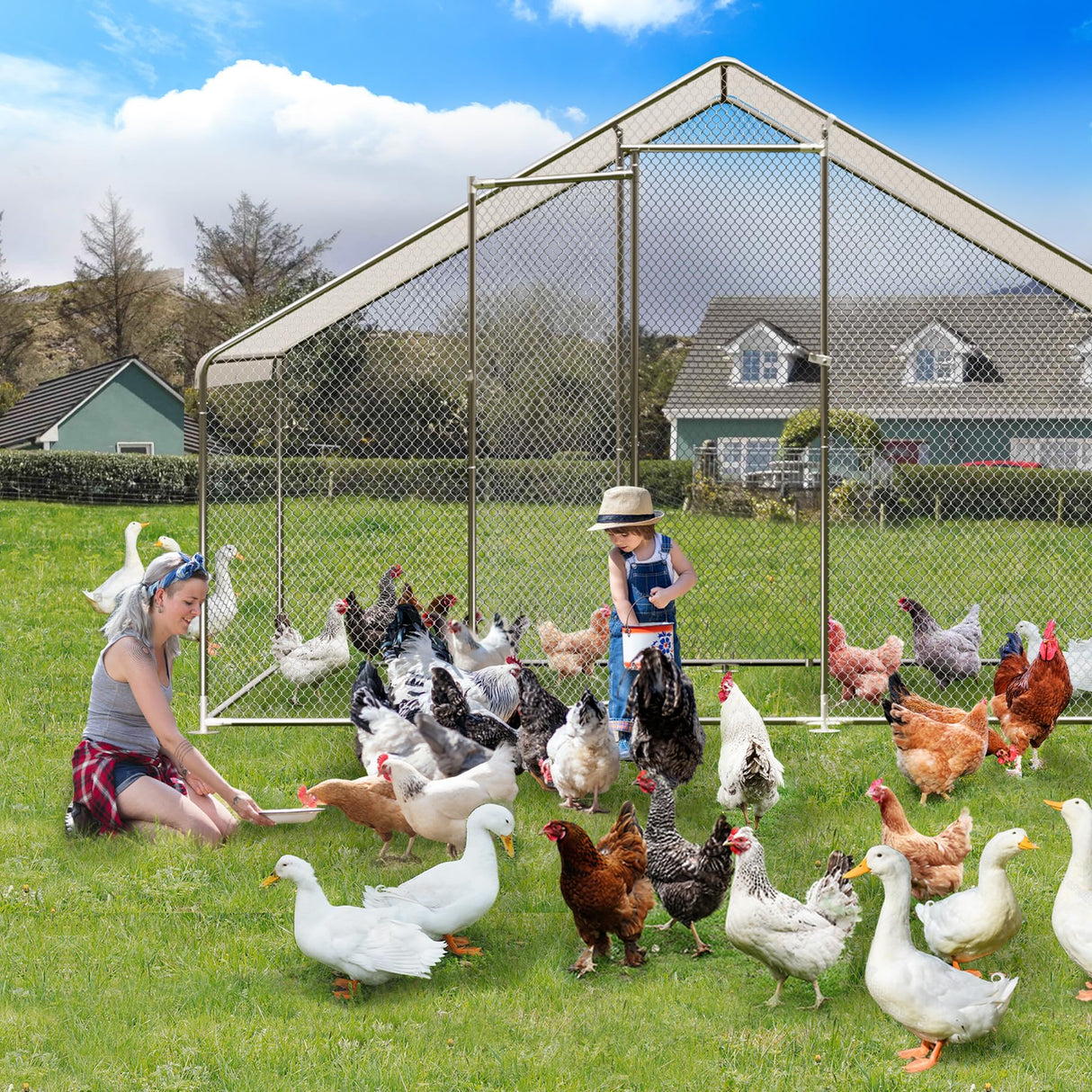 ShiningLove Large Metal Chicken Coop, Walk-in Poultry Cage, Chicken House with Waterproof and Anti-Ultraviolet Cover for Outdoor Yard Farm Silver 9.8X6.5X6.5FT ShiningLove