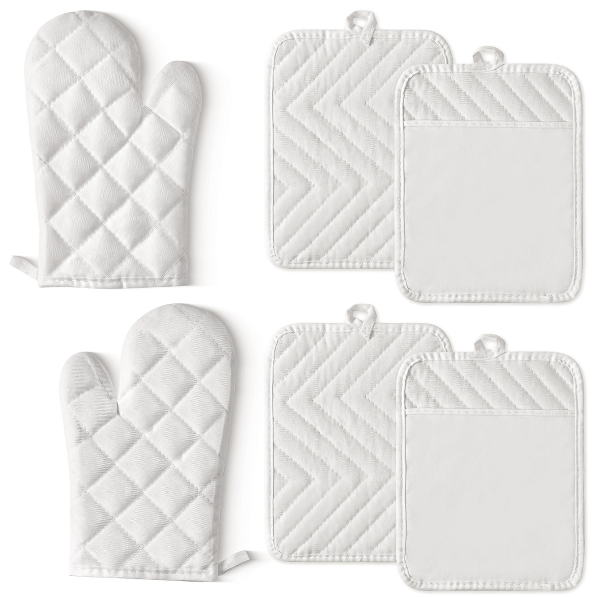 GROBRO7 6Pcs Cotton Oven Mitts and Pot Holders Set Heat Resistant Hot Pads Machine Washable BBQ Gloves with Hanging Loop Durable Pocket Pot Holder for Kitchen Baking Grilling Cooking White GROBRO7