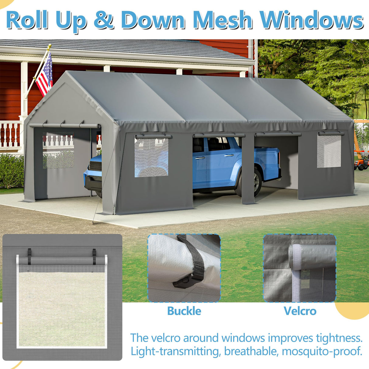 Thanaddo Carport 13'x 25' Heavy Duty Car Port with Roll-up Sidewall and Ventilated Windows with Removable Sidewalls,Portable Outdoor Garage for Car,Truck,Boat,Car Canopy,Gray Carports Thanaddo