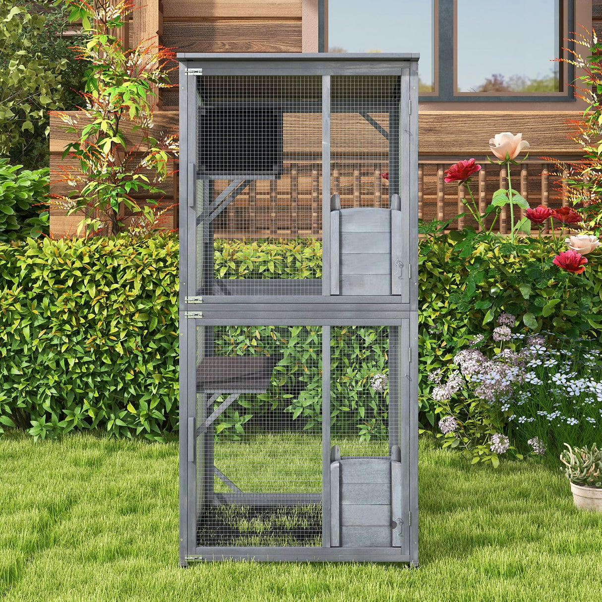 Tangkula Catio Outdoor Cat Enclosure, 72 Inch Wooden Cat House on Wheels with Resting Box, 2 Platforms & Weatherproof Asphalt Roof, Large Kitty Cat Condo Cage Playpen with Enter Doors & PP Layer Tangkula