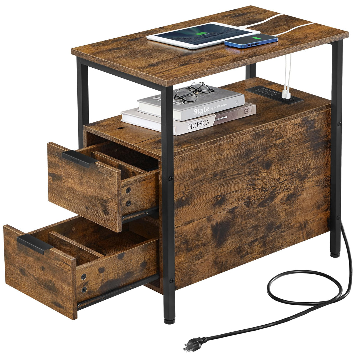 VASAGLE Side Table with Charging Station, Narrow End Table with 2 Drawers, Slim Nightstand and Bedside Table with Storage, for Small Spaces, Rustic Brown + Black VASAGLE