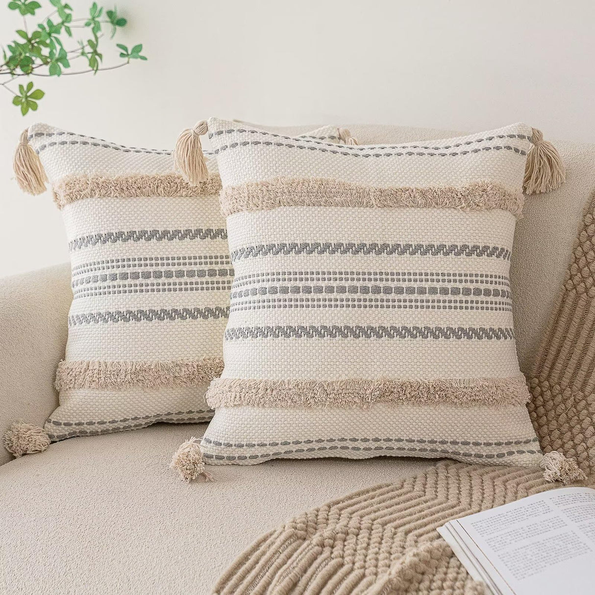 Boho Throw Pillow Covers 18x18 Set of 2 Woven Tufted Farmhouse Pillows Cover with Tassels Textured Striped Cushion Case Neutral Pillow Cases Decorative Pillowcase for Sofa, Couch, Bed, Khaki BUIOVBEY