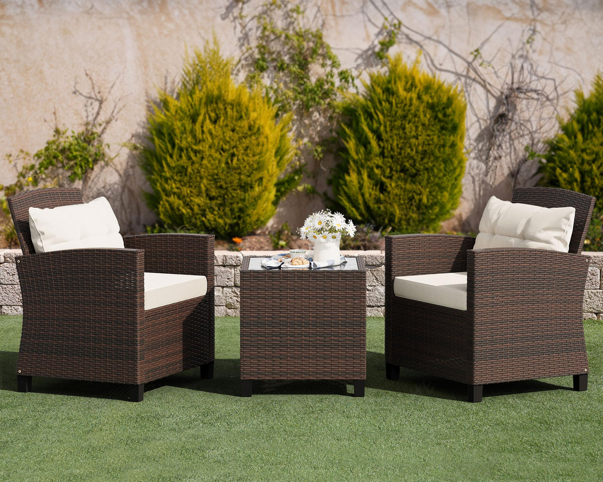 Shintenchi 3 Pieces Patio Furniture Set 3 Pieces PE Rattan Wicker Chairs with Table Outdoor Furniture for Backyard/Garden/Poolside/Outdoor Restaurant Brown Rattan with White Cushion Shintenchi