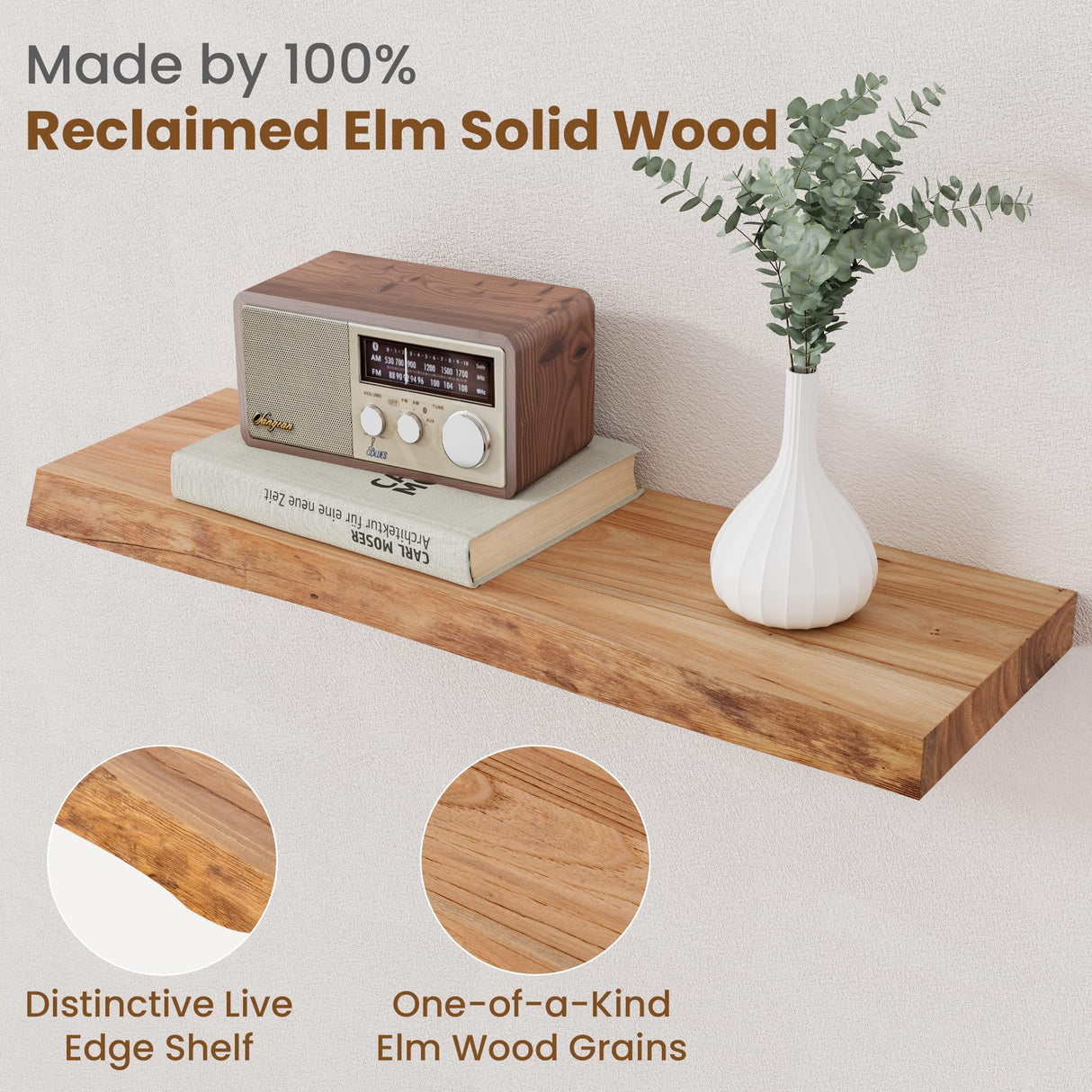 FLYJOE Floating Shelves for Wall Decor, Rustic Solid Elm Wood Floating Shelves Wall Mounted, Wall Shelves with Invisible Bracket for Living Room Bedroom Kitchen, 24 Inch Set of 2, Natural FLYJOE