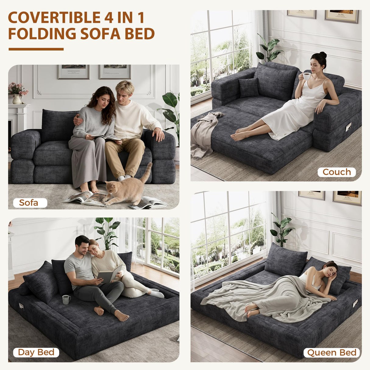 Jocoevol 75'' Queen Folding Convertible Sofa Bed with Large Pillow, 4-in-1 Floor Foldable Futon Sofa Bed, Chenille Boneless Mattress Couch, Floor Sleeper Sofa Chair Bed for Living Room/Bedroom, Black Jocoevol