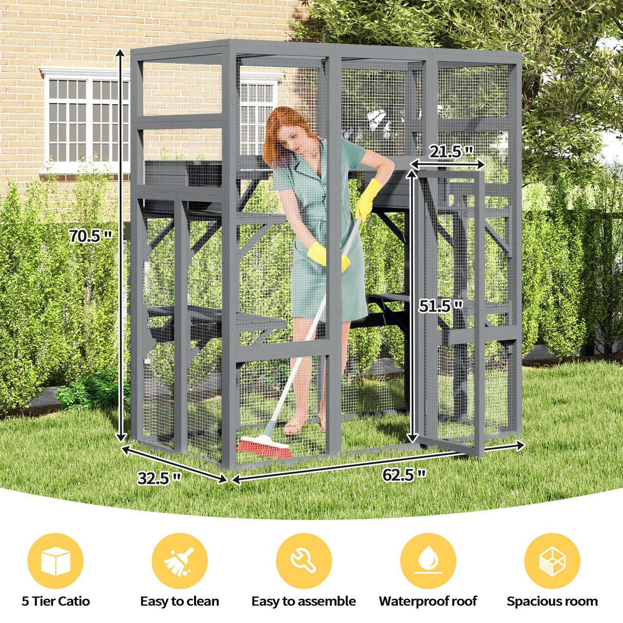 NYEEKOY 71Inches Large Wood Catio Outdoor Cat Enclosure with Perches and Condos, Cat House Indoor with Waterproof Roof, Cat Shelter 7 Platforms & 2 Resting Box, UV Resistant (Grey) Nyeekoy