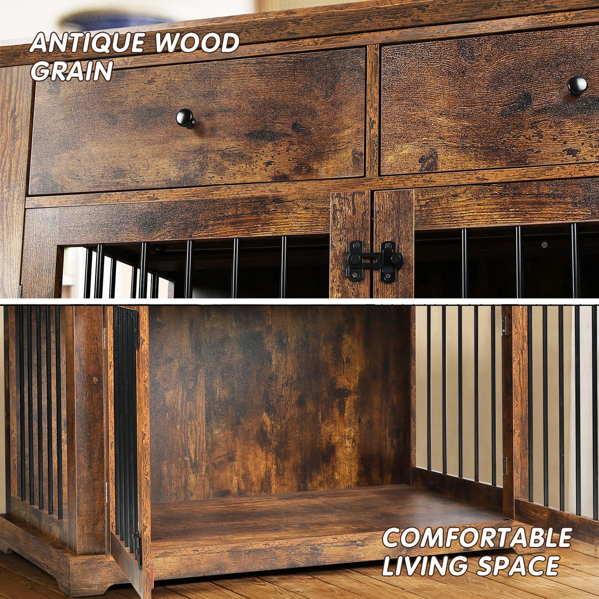 PUKAMI 44inch Dog Crate Furniture with Drawers,Wooden Dog Kennel Furniture for Large Breed,End Table Wood Dog House for Indoor use,Dog Crate for Small/Medium/Large Dog (Brown) PUKAMI