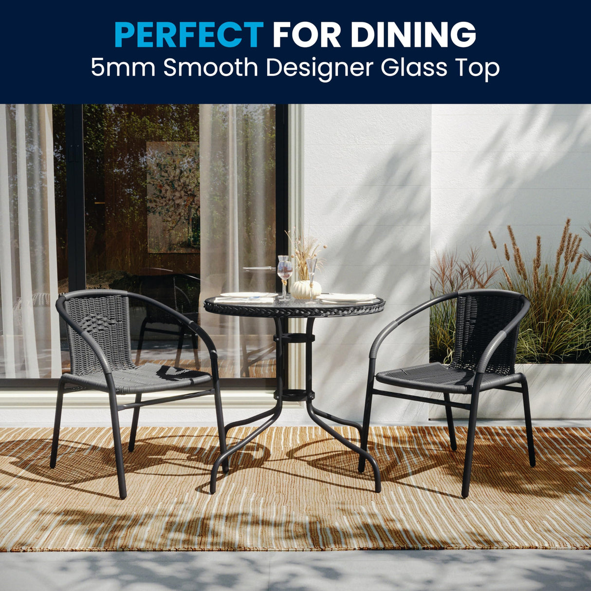 Flash Furniture 3-Piece Patio Dining Set with Round Glass Metal Table and 2 Stackable Rattan Chairs, Indoor/Outdoor Bistro Table and Chairs Set, Gray Flash Furniture