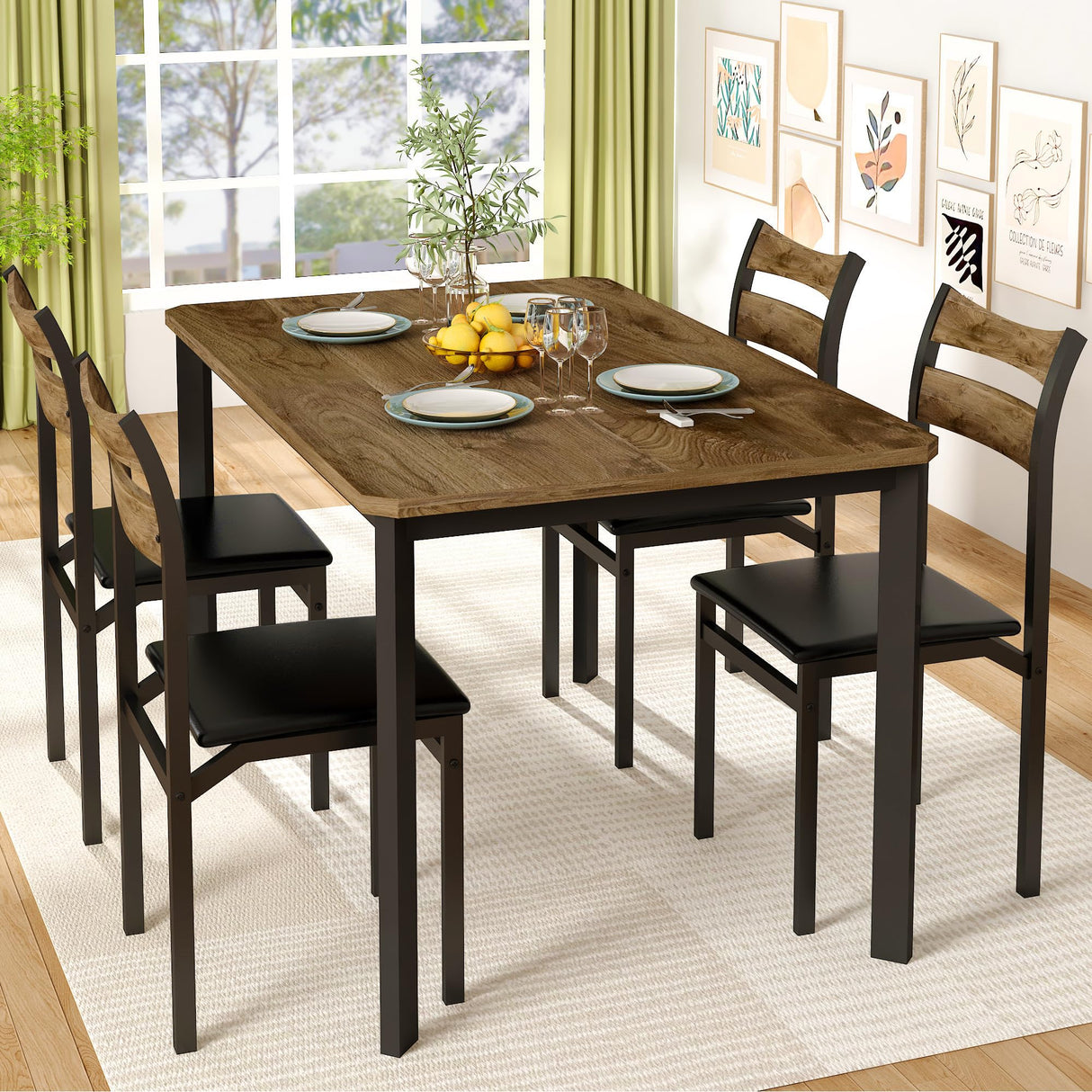 DKLGG Dining Table Set for 4, 43.3" Dining Room Table with 4 Upholstered PU Leather Chairs, Modern Wood Kitchen Table and Chairs Set, 5-Piece Dinette DKLGG