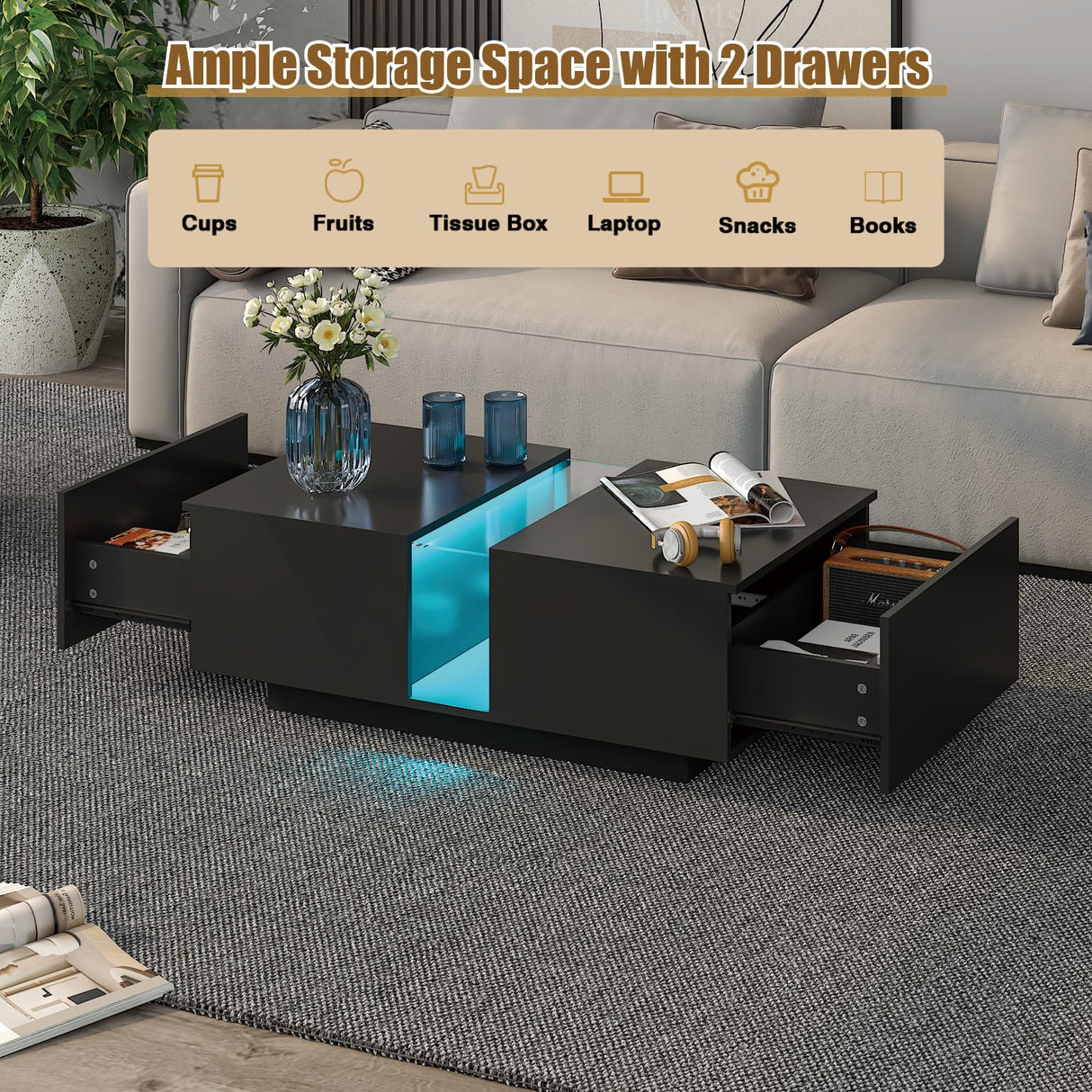 HedoAjim Black Led Coffee Table for Living Room, Rectangular Living Room Table with Storage, Acrylic Coffee Tables with 2 Sliding Drawers, Wood Center Table for Reception Dinning Room HedoAjim