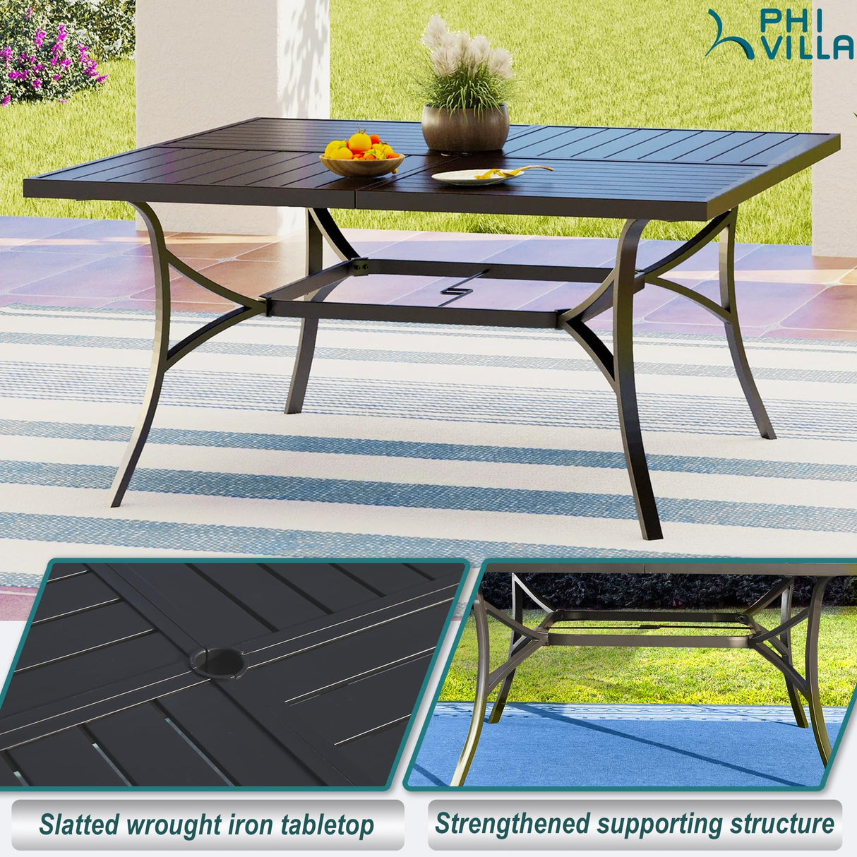 PHI VILLA 9 Pieces Outdoor Dining Set for 8, 60” Square Wrought Iron Dining Table & Heavy-Duty Steel Chairs with Cushions, Large Dining Furniture Set for Patio, Deck, Yard, Porch PHI VILLA