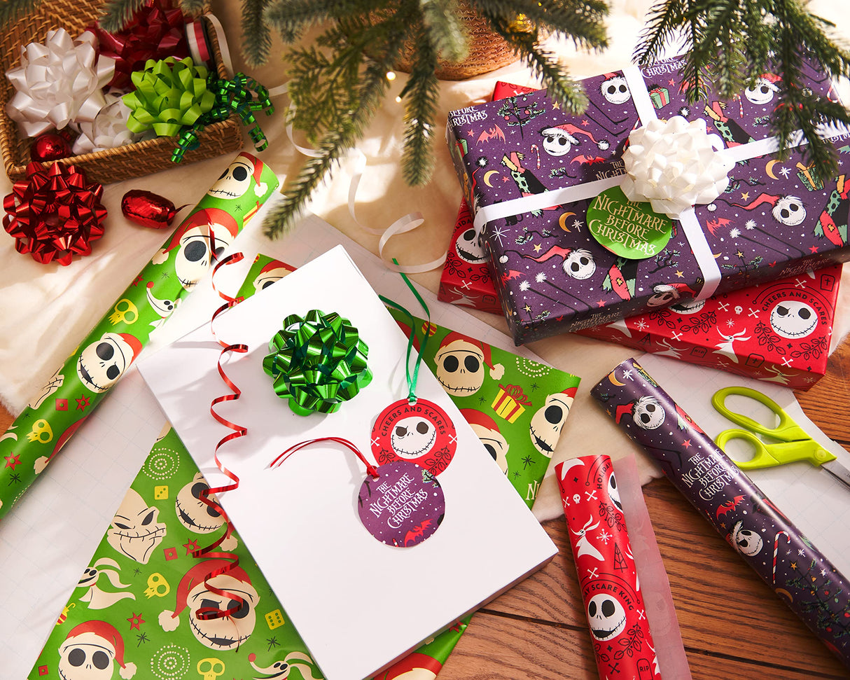 American Greetings 105 sq. ft. The Nightmare Before Christmas Christmas Wrapping Paper Bundle with Cut Lines, Jack Skellington and Zero (3 Rolls 30in. x 14 ft.) American Greetings