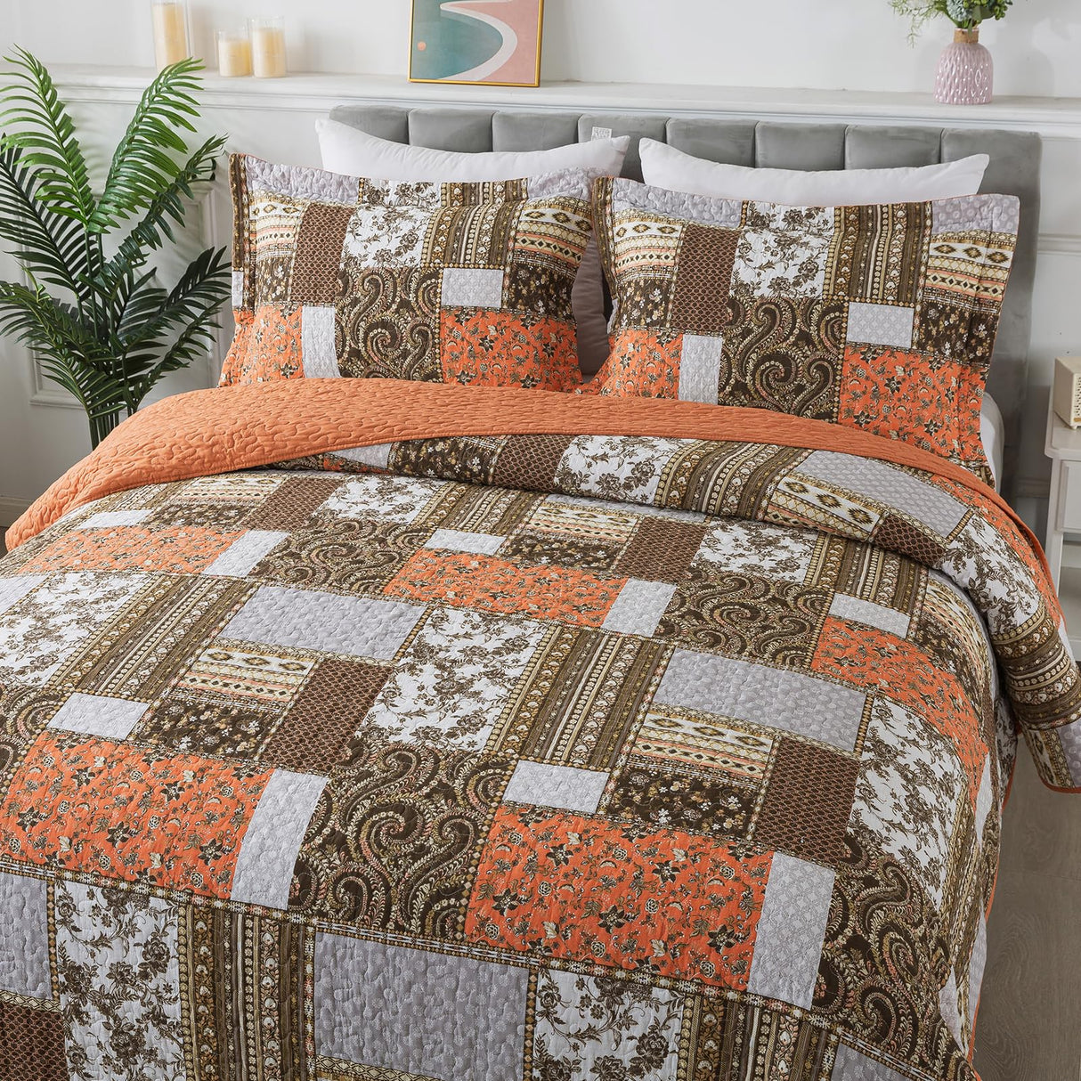 BEDIFANY Farmhouse Cotton Quilts Queen Size for Fall - Lightweight Patchwork Autumn Bedspread Set for Bed Coverlet - Highly-Woven Soft Reversible Bed Spread for All Seasons (Floral Orange) 3 Pieces BEDIFANY