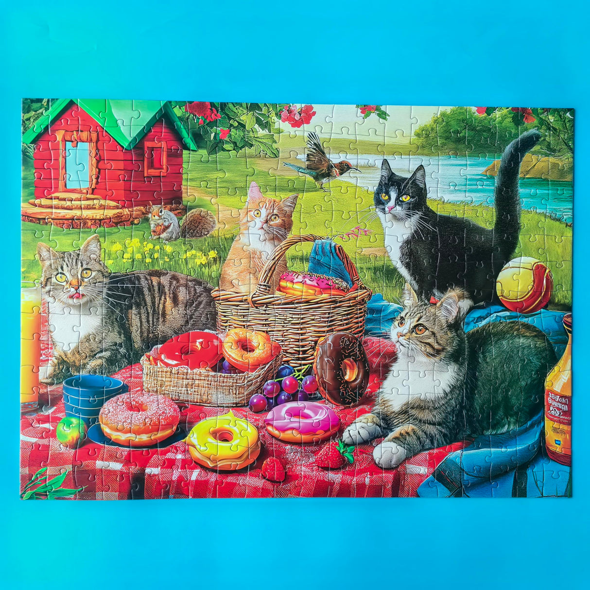 300 Piece Puzzles for Adults Large Piece - Large Jigsaw Puzzles for Kids and Seniors - Picnic Kittens and Donut Mulic