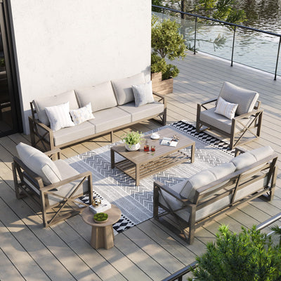 UDPATIO Faux Wood Grain Aluminum Patio Furniture Set 5 Pieces Modern Outdoor Furniture Patio Conversation Sets with Olefin Fabric Thick Cushions and Coffee Table, Include 600D Waterproof Cover