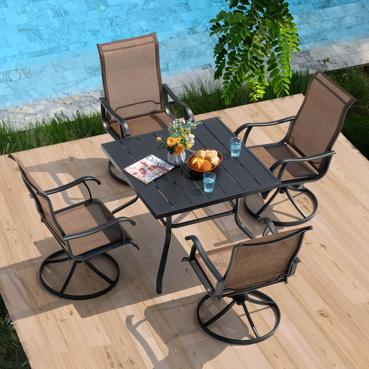 NUU GARDEN Outdoor Dining Set 5-Piece Patio Set with Weather-Resistant Table and 4 Textilene Swivel Chairs for Yard, Deck and Poolside, Brown and Black NUU GARDEN
