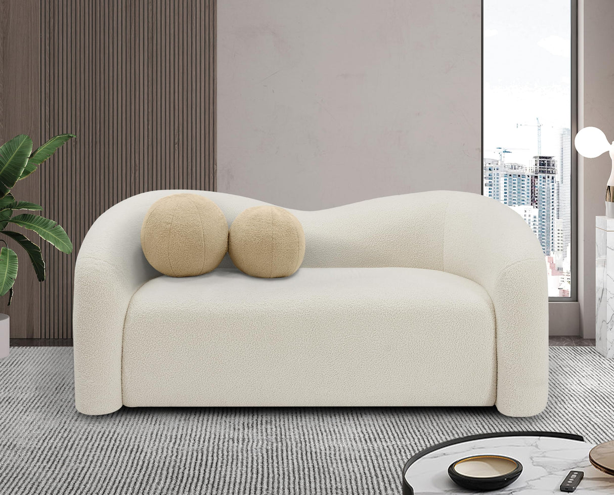 Meridian Furniture 186Cream-L Kali Collection Modern | Contemporary Loveseat with Soft Cream Faux Shearling Teddy Fabric, Curved Back, 62" W x 33" D x 27" H, Cream Meridian Furniture
