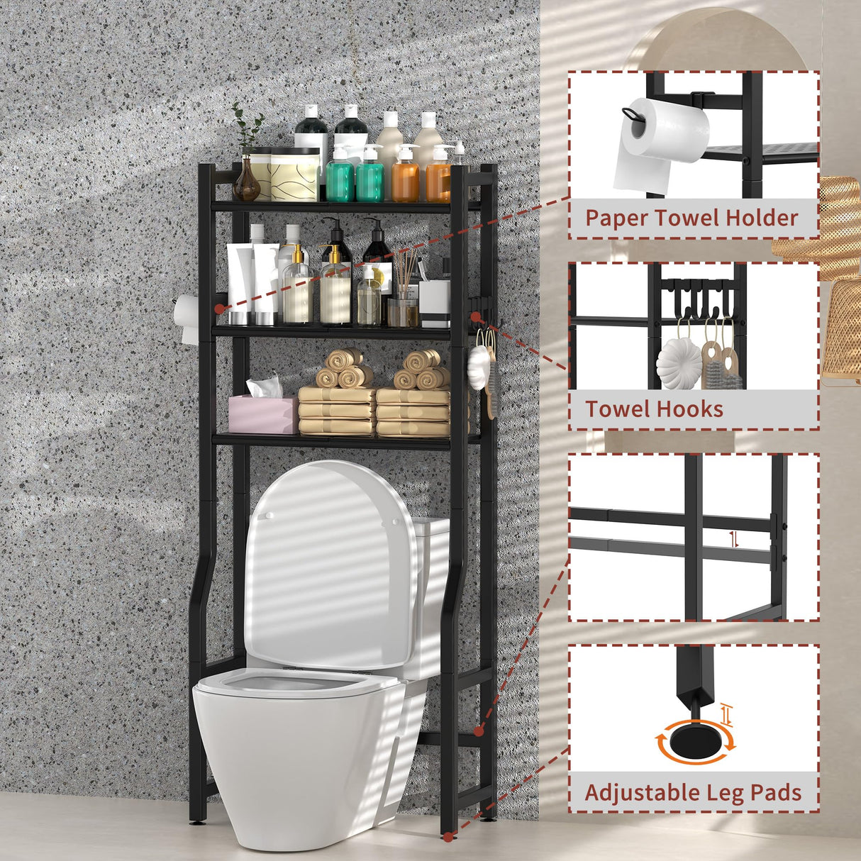 Livilord 3 Tier Over The Toilet Storage Rack with Toilet Paper Holder, Metal Freestanding Bathroom Shelves with 4 Hooks, Over Toilet Storage Shelf for Bathroom Storage, Black Livilord