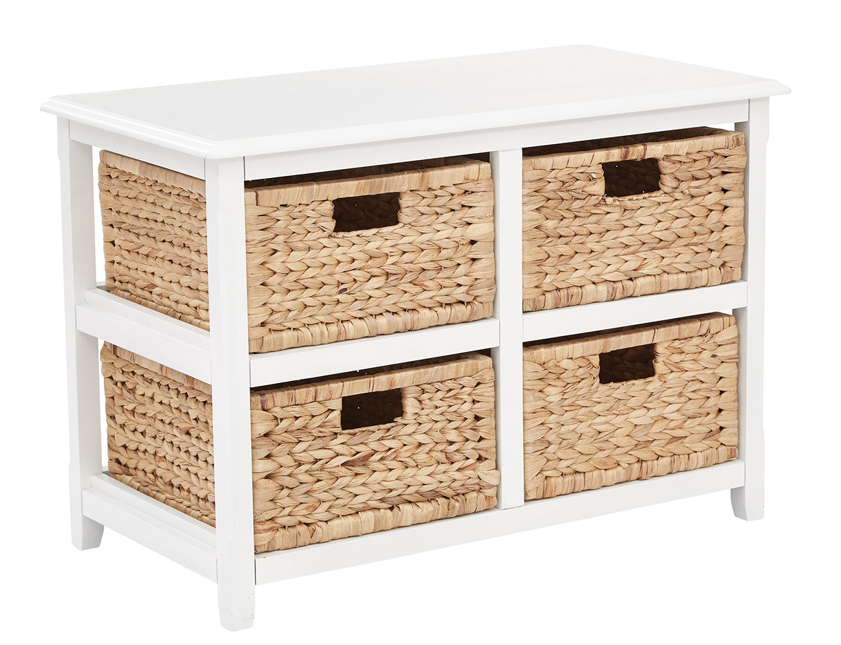 OSP Home Furnishings Seabrook Storage Tower with Solid Wood Frame and Natural Baskets, 2-Tier, 4-Drawer, White Finish OSP Home Furnishings