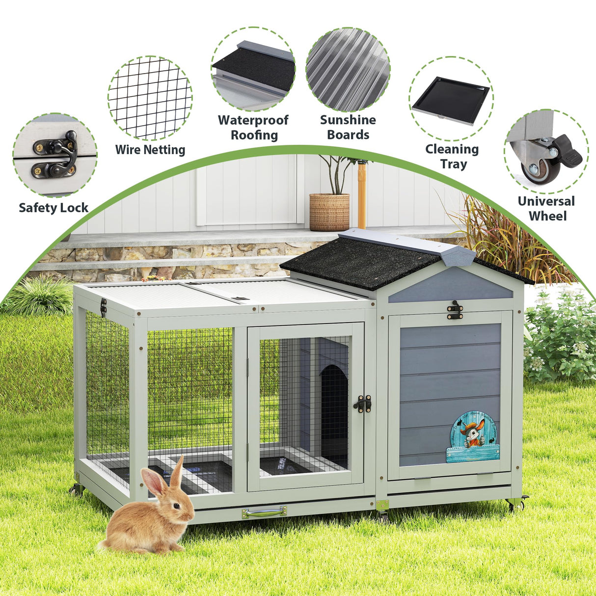 COZIWOW 39inches Fashion Wood Rabbit Hutch Indoor,Wide Space Small Animal Houses Habitats with Removable Tray&Safety Lock,Bunny Cage with Waterproof Roof&Solar Panels (Grey) COZIWOW