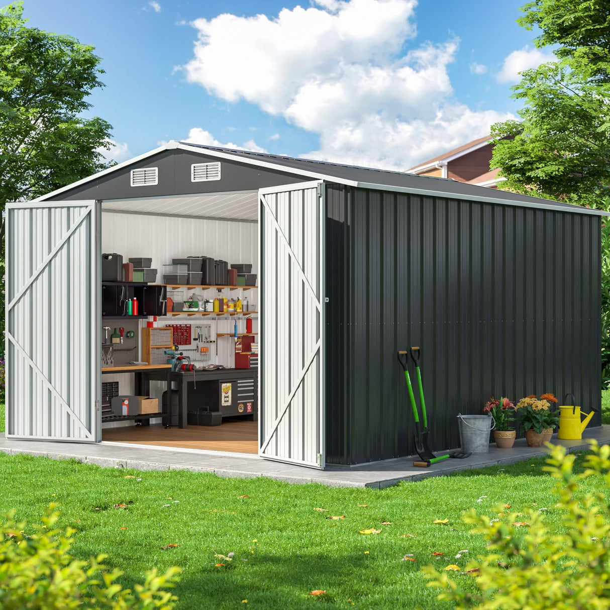 DAUSOLA 10x12 FT Outdoor Storage Shed, Metal Garden Tool Shed with Updated Frame Structure and Lockable Doors, Ideal for Backyard Garden Patio Lawn, Grey DAUSOLA