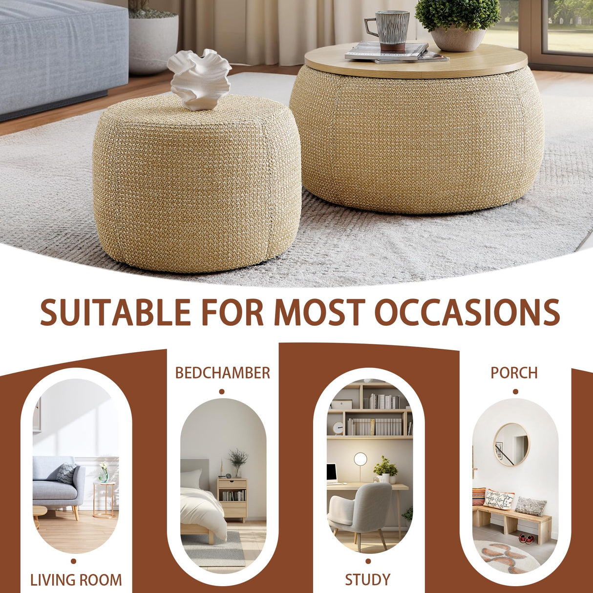 Chorlenimi Ottoman with Storage Round Footstool Stool Small Ottoman with Storage Foldable Ottomans Foot Rest Footstool Bench Wooden Lid for Living Room(Natural, 25'') Chorlenimi