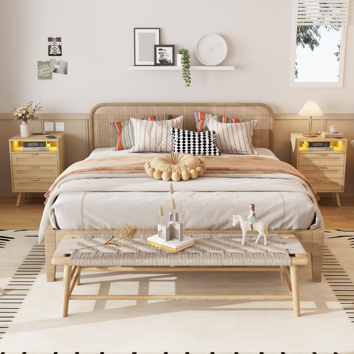 Halitaa Rattan Nightstand with Charging Station USB Port Led Lights and 3 Storage Drawers, Bedroom Furniture Night Stand Bedside Table Bed Side Table End Table Sofa Table (2 Pack) Halitaa