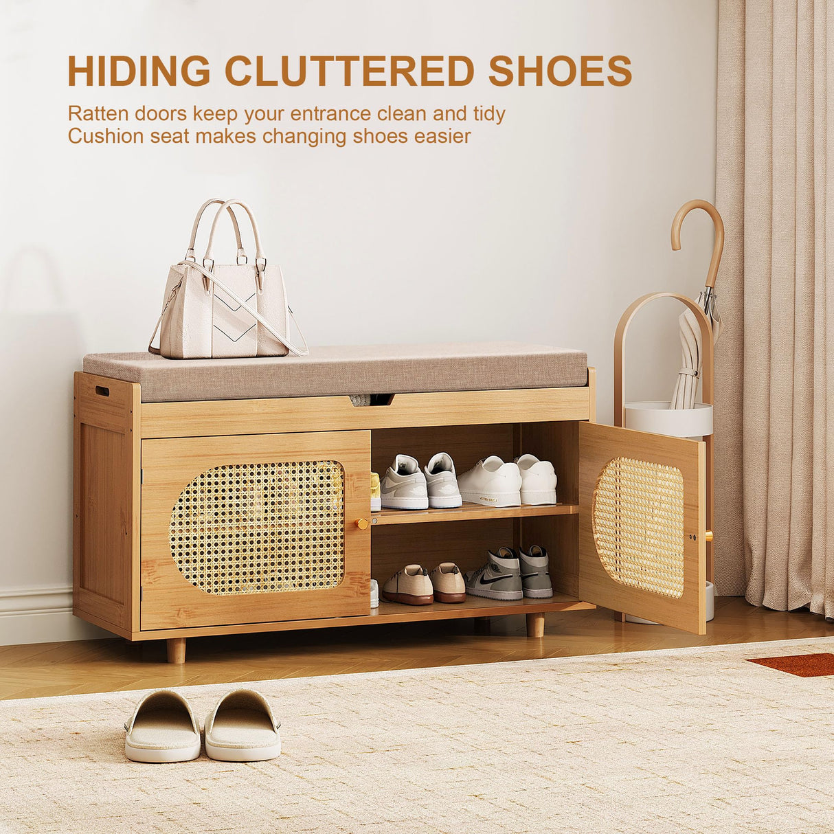 PETKABOO Rattan Shoe Storage Bench,Bamboo Entryway Bench, 2-Tier Shoe Rack,35.4" W x 12.6" D x 19.7" H with 2 Doors & Padded Seat Cushion for Entryway, Living Room, Bedroom, Natural PETKABOO
