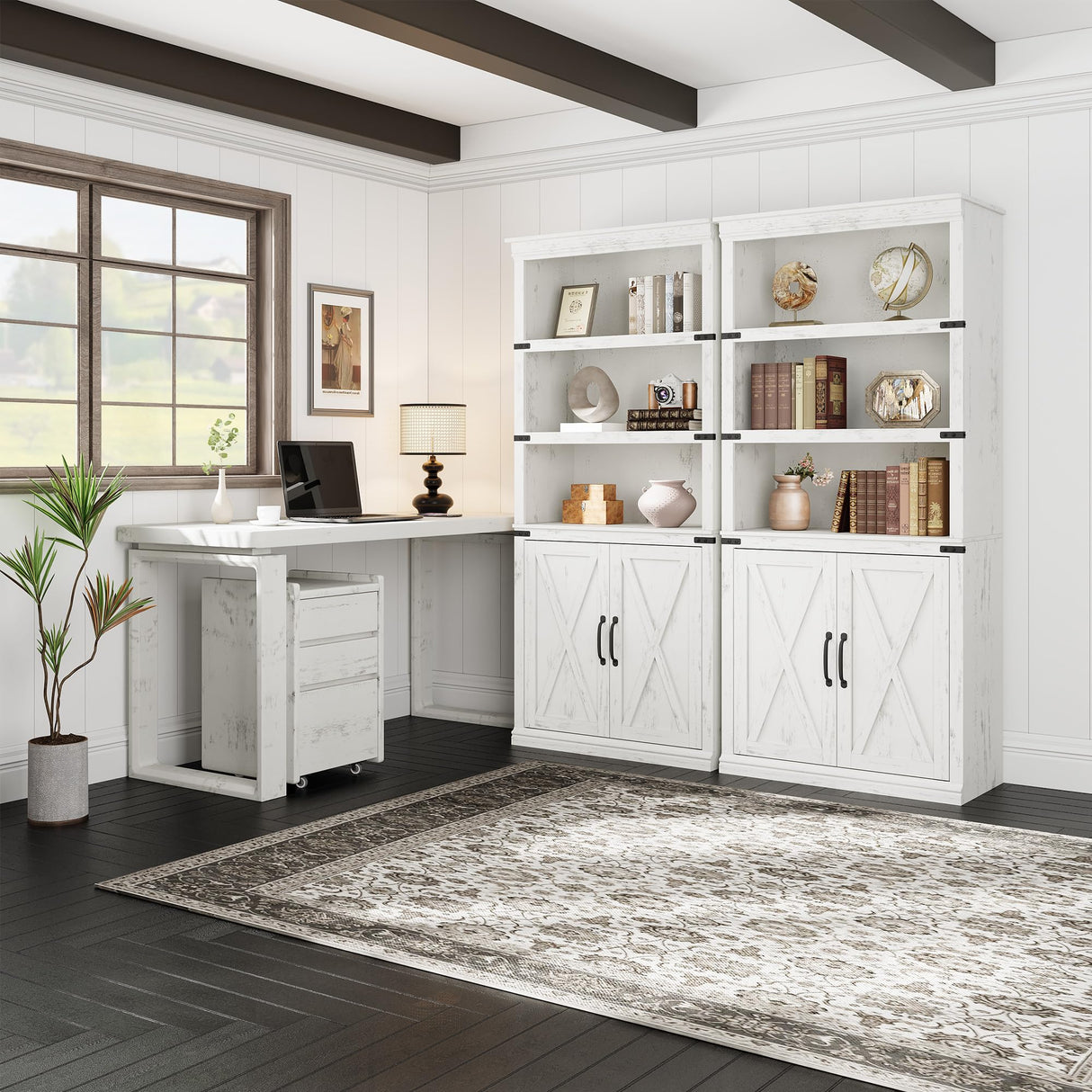 5 Tier Book case with Cabinet, Farmhouse Book Shelf with Storage Doors, 68.7" Tall Wooden 5 Shelf Book Case for Home Office, Living Room, Bed Room-(White, 68.7" H x 31.5" W x 12.9" D) GarveeHome