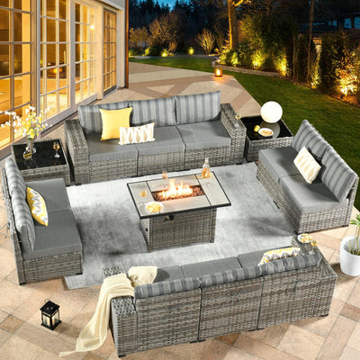 HOOOWOOO 13 Piece Modular Patio Outdoor Sectional Furniture Set with Gas Propane Fire Pit Table,Wicker Conversation Sofa Set,Out Door Couch Set with Wide Arm Outside(Grey Stripes)