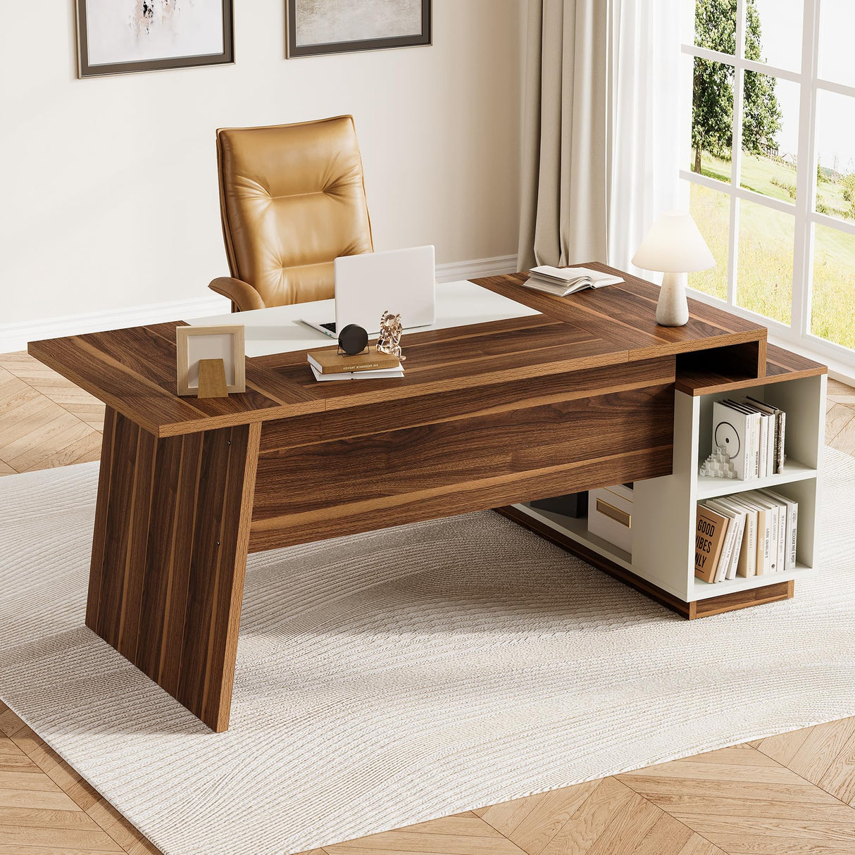 LITTLE TREE 70.5-Inch Executive Desk, Large Home Office Desk with Storage Cabinet and Open Shelves, L-Shaped Computer Corner Desk, Workstation for Office Home, Walnut and Black LITTLE TREE