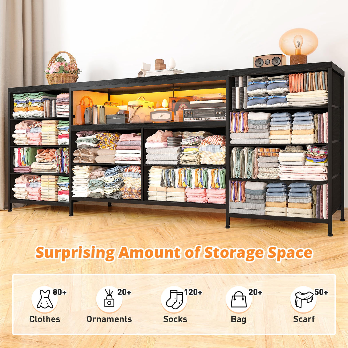 EnHomee 12 Drawer Dresser TV Stand for 65 70 75 Inch TV 63" W Extra Long Black Dresser for Bedroom with LED Lights & Power Outlets Entertainment Center with Drawers, Fabric Dresser for Closet EnHomee