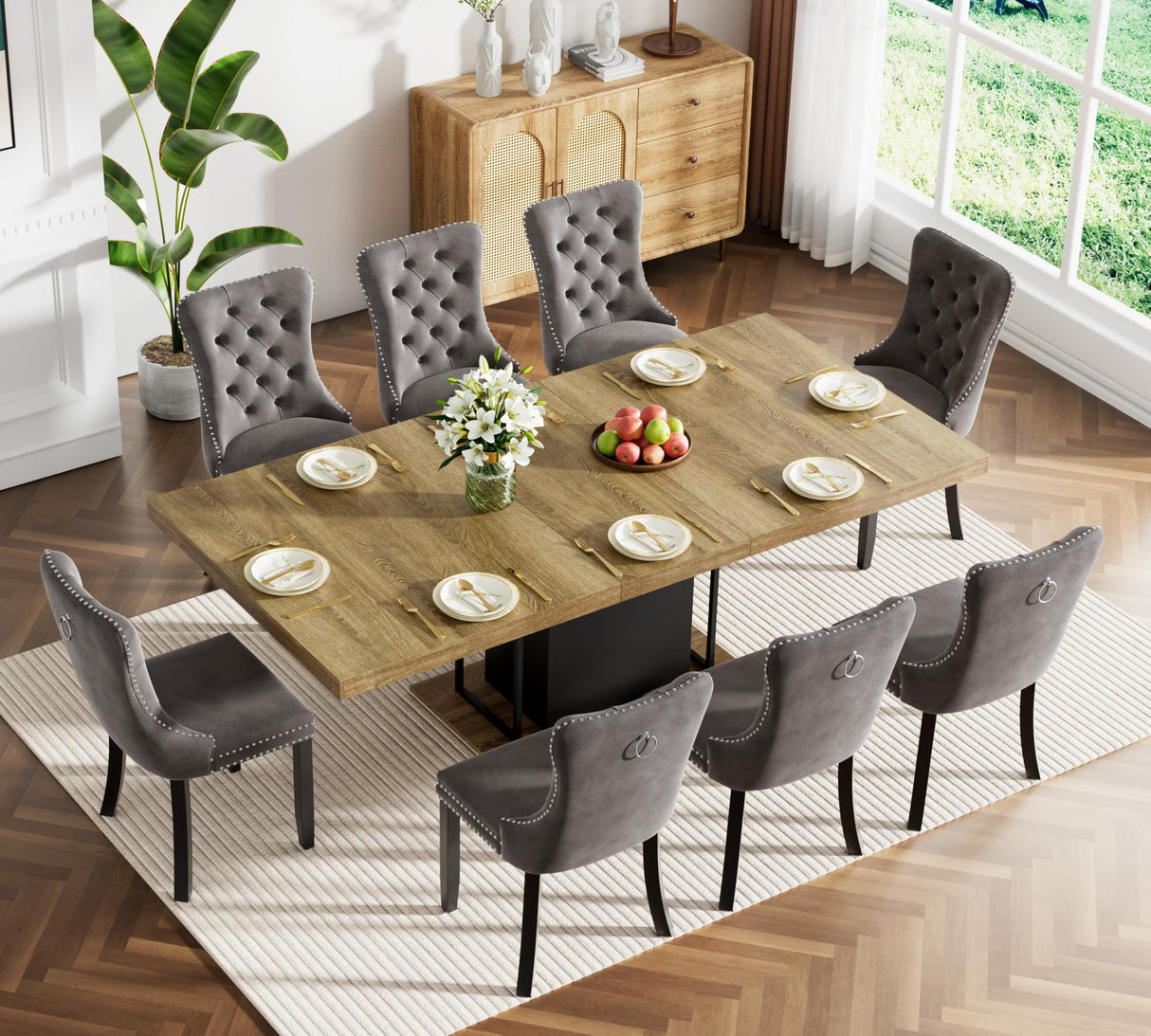 9-Piece Dining Table Set with 8 Upholstered Chairs, Rectangular Extendable Table Set for 8, Wood Dining Room Set for Kitchen Home, 78.74in (62.99in) Long Expandable Kitchen Table with 8 Chairs Henf