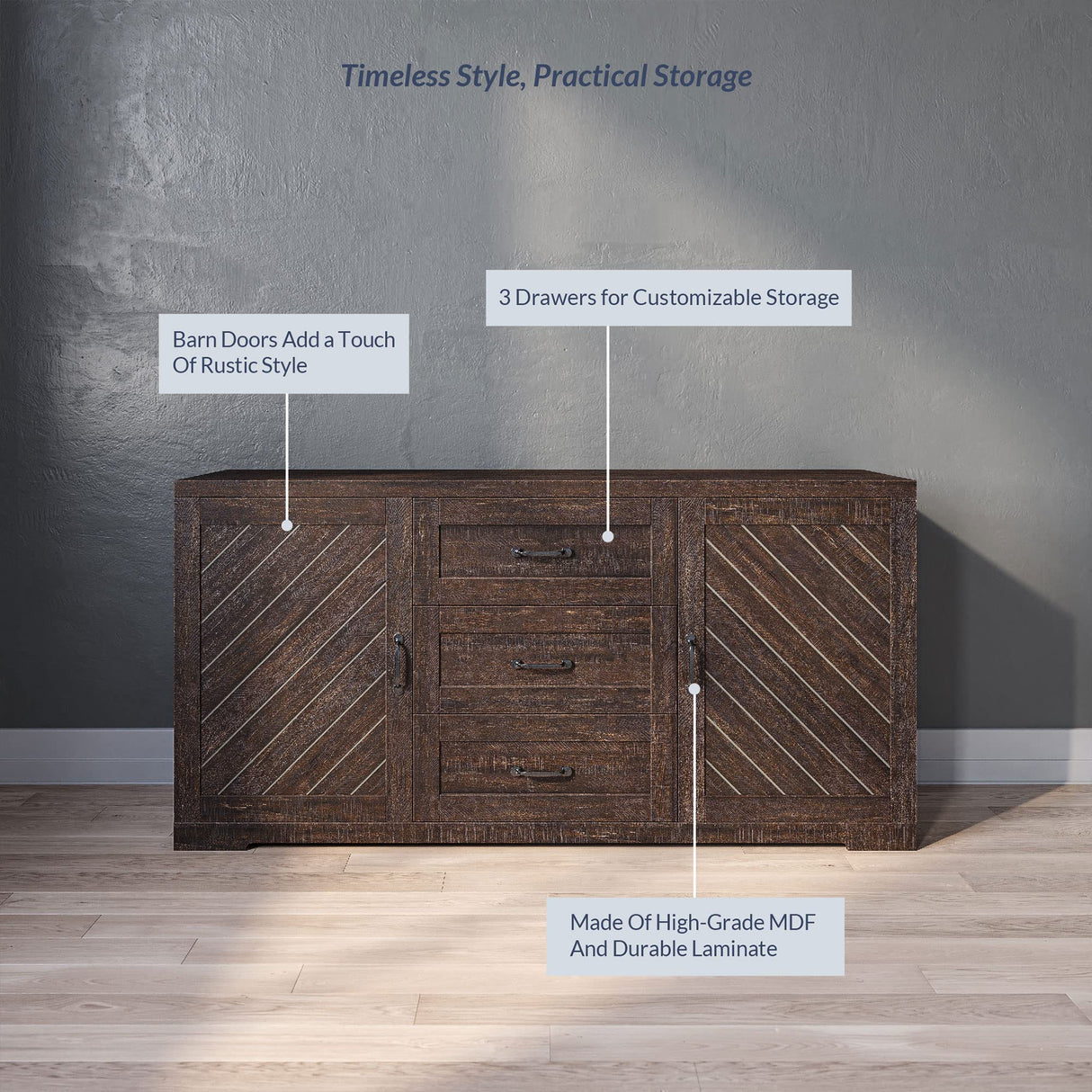 BELLEZE Sideboard, Console Table Or Buffet with Three Drawers & Four Shelves, Space Saving Media Storage Cabinet, Holds Up to 70lbs - 60 Inch - Hilo (Espresso) BELLEZE