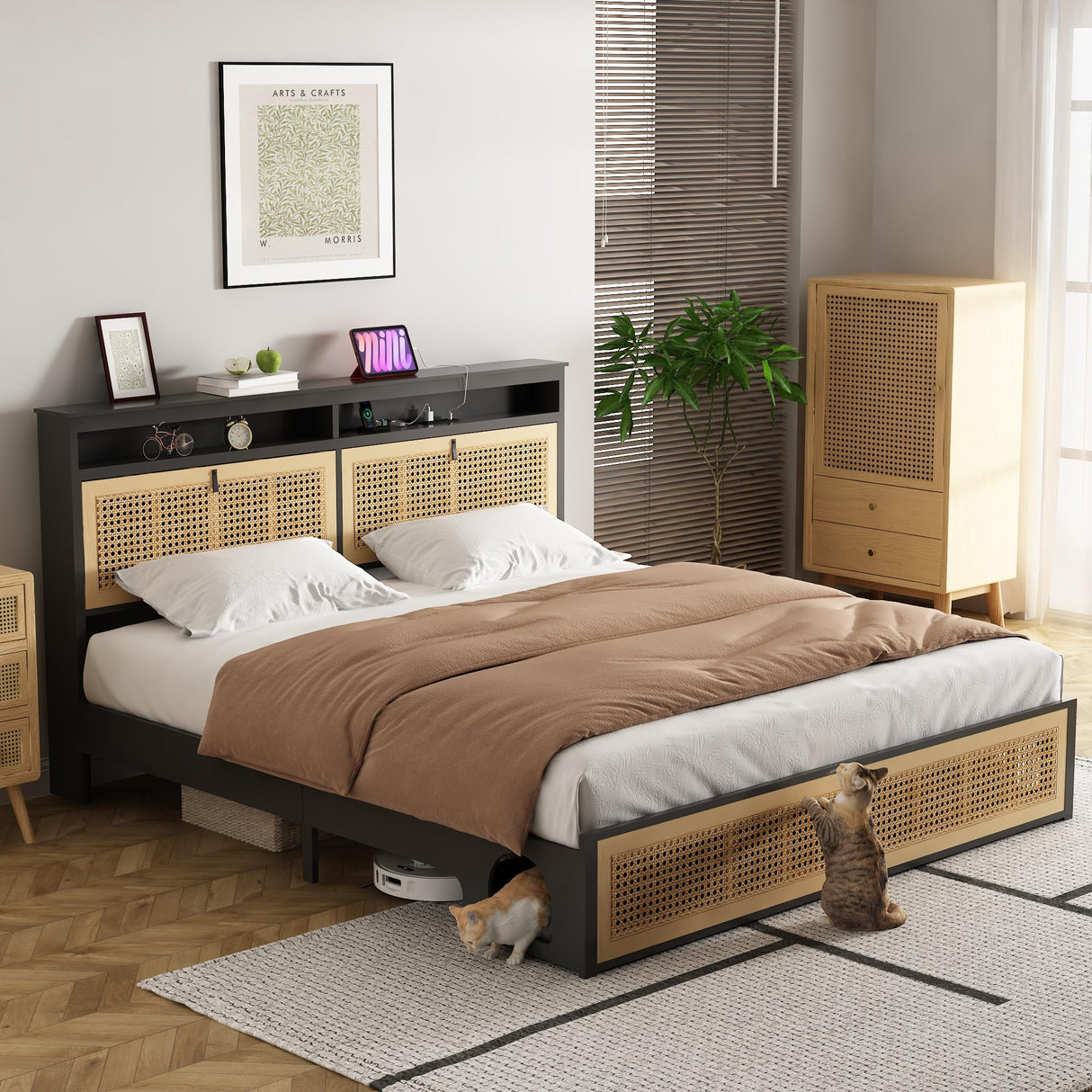 affeivul Boho Bed Frame Queen Size with Headboard, Rattan Bed Frame with Led Lights, Farmhouse Bed Frame with Storage, Charging Station and Cat Cabinet, NO Box Spring Needed, Metal and Wood Combine affeivul