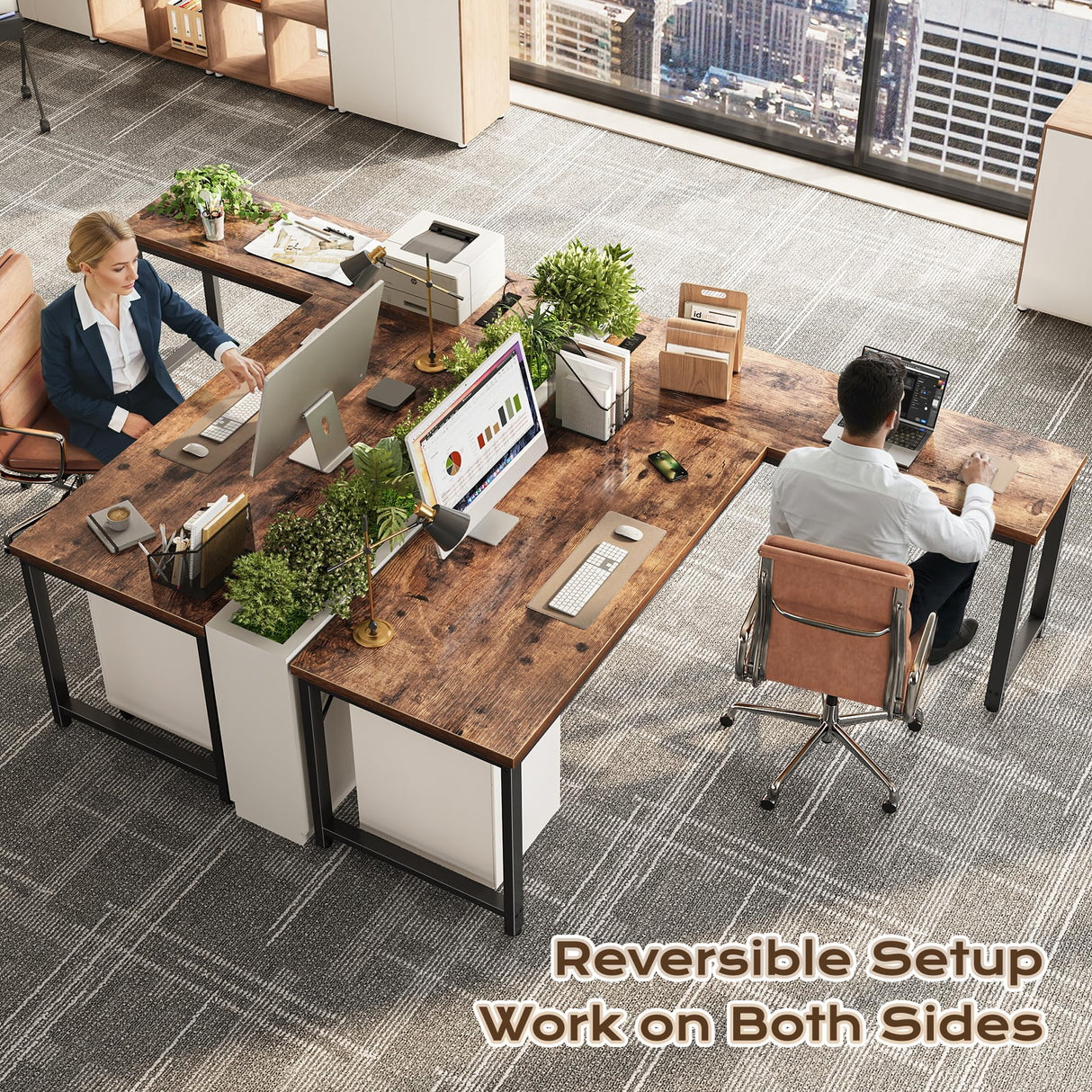 Huuger 63 Inch L Shaped Desk with Power Outlets and USB-C Port, 0.95 Inch Thicker Desktop, Reversible Computer Desk, Larger Office Corner Gaming Desk, Metal Frame, for Home Office, Study, Rustic Brown Huuger