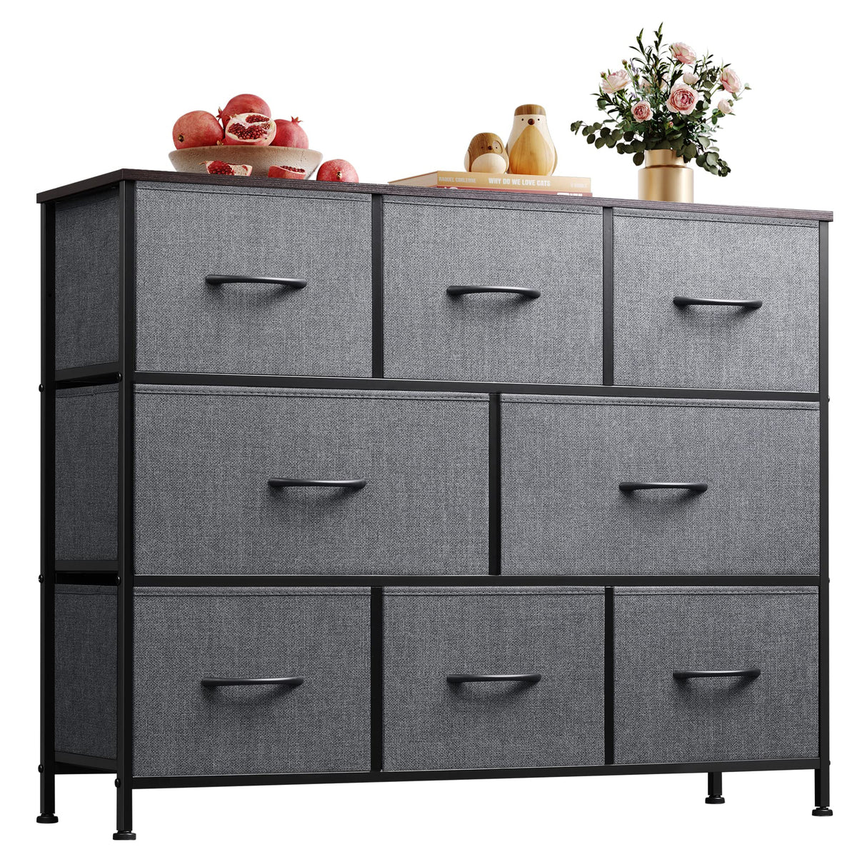 WLIVE Fabric Dresser, Storage Drawer Unit, Bedroom Dresser TV Stand for 32 40 43 inch TV, Wide Dresser with 8 Large Deep Drawers for Office, College Dorm, Dark Grey WLIVE