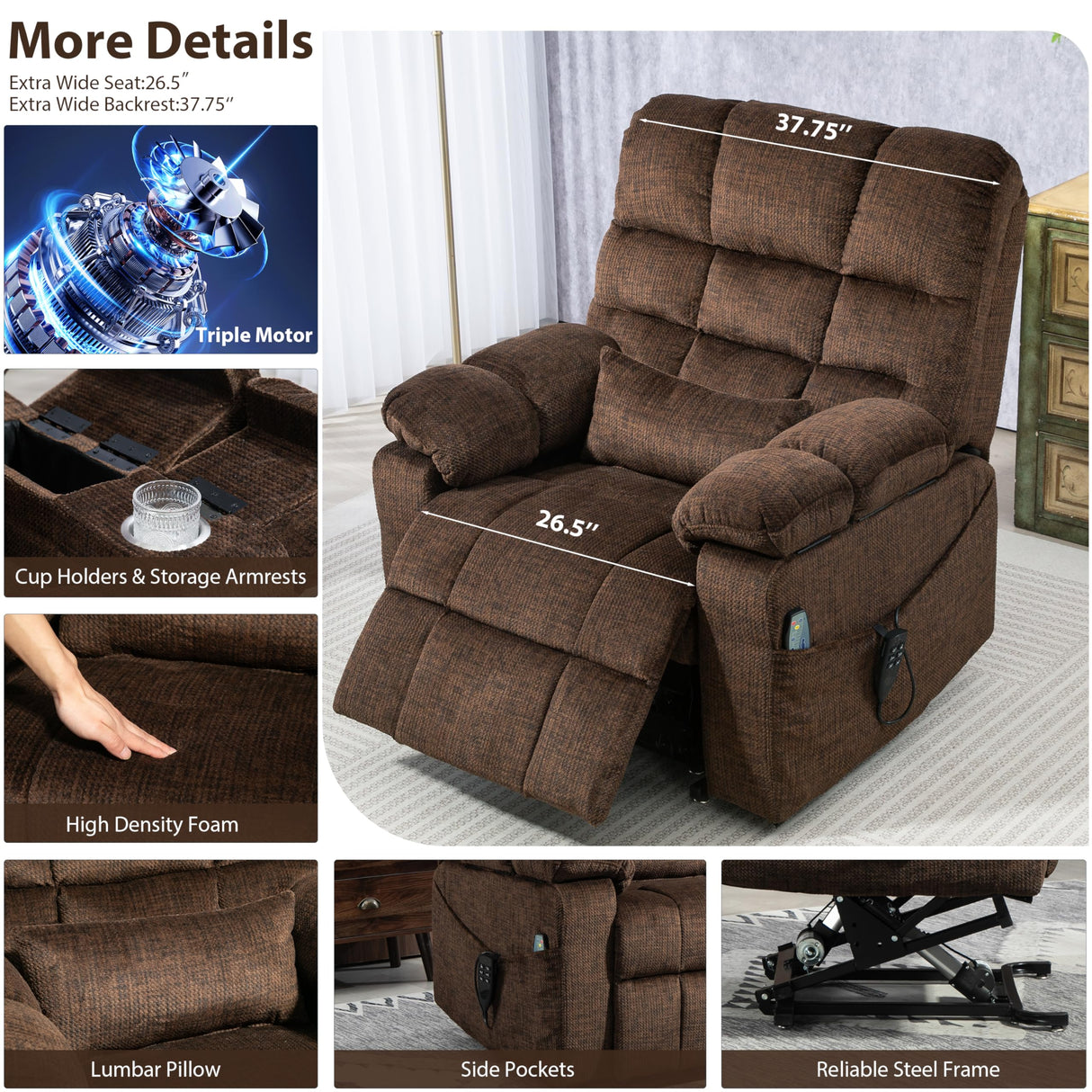JIKFRIMA Oversized Zero Gravity Power Lift Recliner Chair for Elderly Adults Big Man Electric Lay Flat Recliner Triple Motor with Heat and Massage, Adjustable Seat Height, Arm Storage, Cup Holder JIKFRIMA