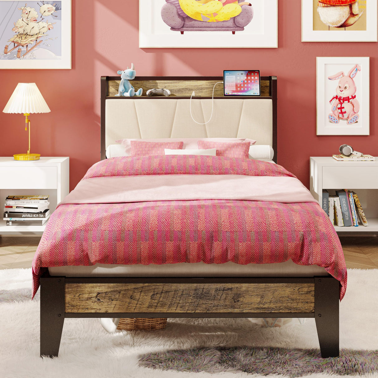 LIKIMIO Twin XL Bed Frame with Storage Headboard and Charging Station - Stylish Walnut and Beige Design LIKIMIO